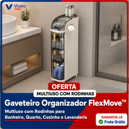 Gaveteiro Organizador FlexMove.™ Multiuso com Rodinhas para Banheiro, Quarto, Cozinha e Lavanderia